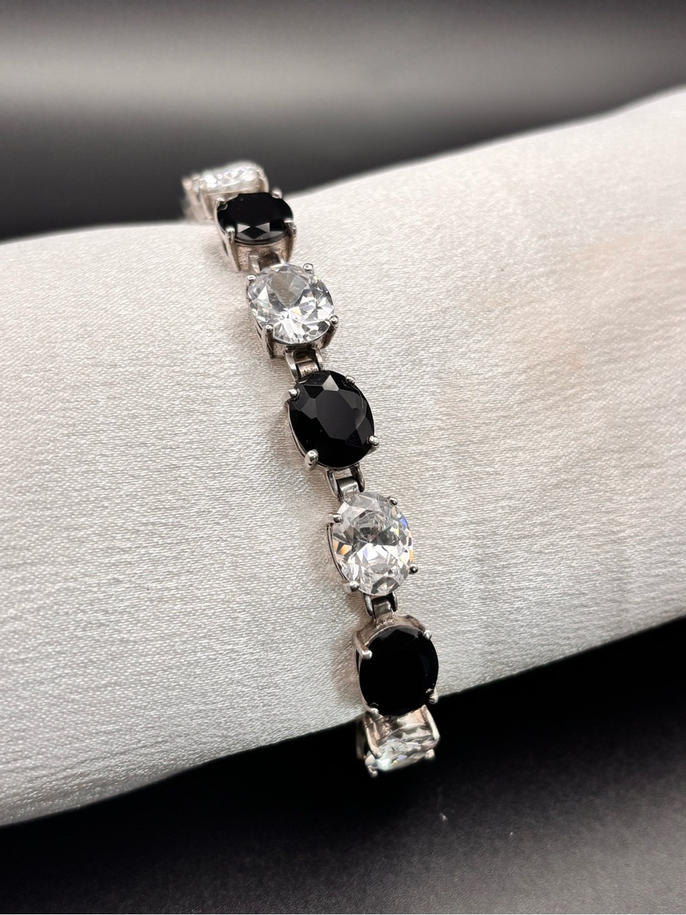 Vintage Sterling Silver 925 Tennis Bracelet with Large Faceted Onyx Zirconia